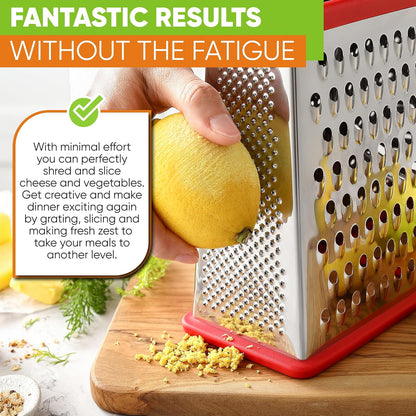 Stainless Steel XL Cheese Grater for Kitchen, Black | 4 Sided Manual Metal Box Grater for Carrot, Potato, Parmesan, Cheese Shredder, Professional Vegetable Grater, Dishwasher Safe