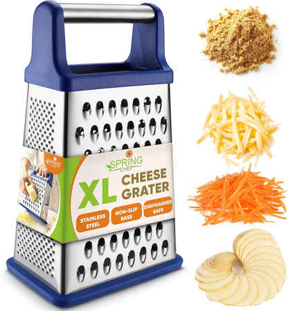 Stainless Steel XL Cheese Grater for Kitchen, Black | 4 Sided Manual Metal Box Grater for Carrot, Potato, Parmesan, Cheese Shredder, Professional Vegetable Grater, Dishwasher Safe