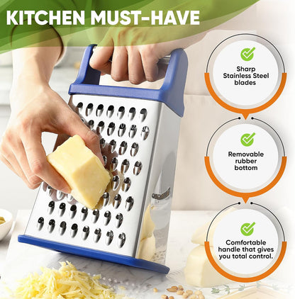 Stainless Steel XL Cheese Grater for Kitchen, Black | 4 Sided Manual Metal Box Grater for Carrot, Potato, Parmesan, Cheese Shredder, Professional Vegetable Grater, Dishwasher Safe