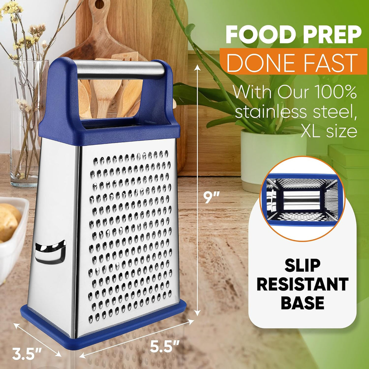 Stainless Steel XL Cheese Grater for Kitchen, Black | 4 Sided Manual Metal Box Grater for Carrot, Potato, Parmesan, Cheese Shredder, Professional Vegetable Grater, Dishwasher Safe