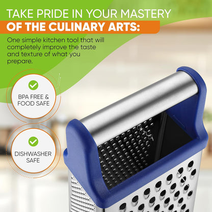 Stainless Steel XL Cheese Grater for Kitchen, Black | 4 Sided Manual Metal Box Grater for Carrot, Potato, Parmesan, Cheese Shredder, Professional Vegetable Grater, Dishwasher Safe