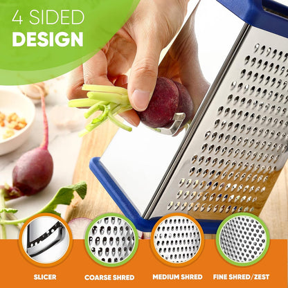 Stainless Steel XL Cheese Grater for Kitchen, Black | 4 Sided Manual Metal Box Grater for Carrot, Potato, Parmesan, Cheese Shredder, Professional Vegetable Grater, Dishwasher Safe