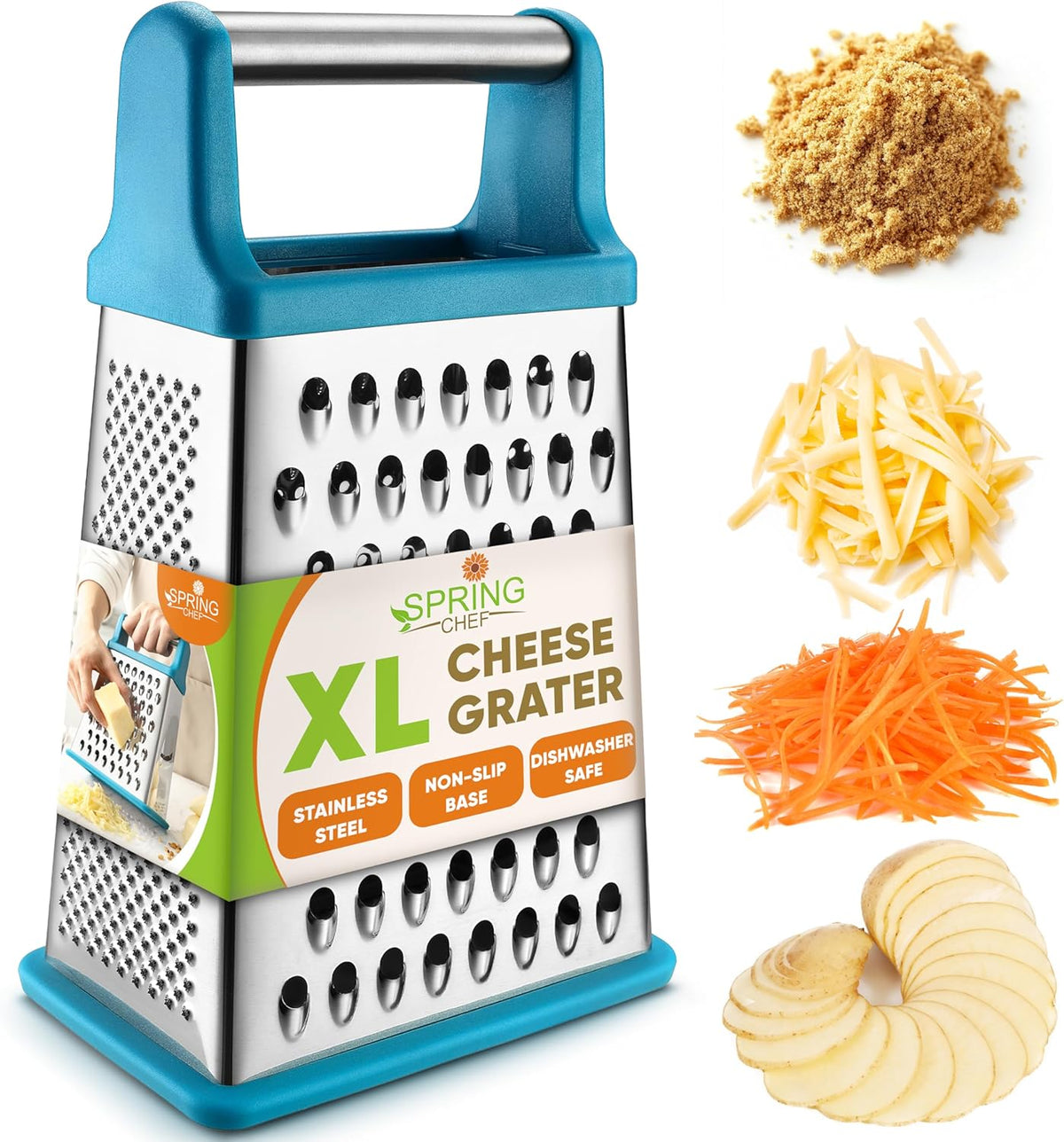 Stainless Steel XL Cheese Grater for Kitchen, Black | 4 Sided Manual Metal Box Grater for Carrot, Potato, Parmesan, Cheese Shredder, Professional Vegetable Grater, Dishwasher Safe