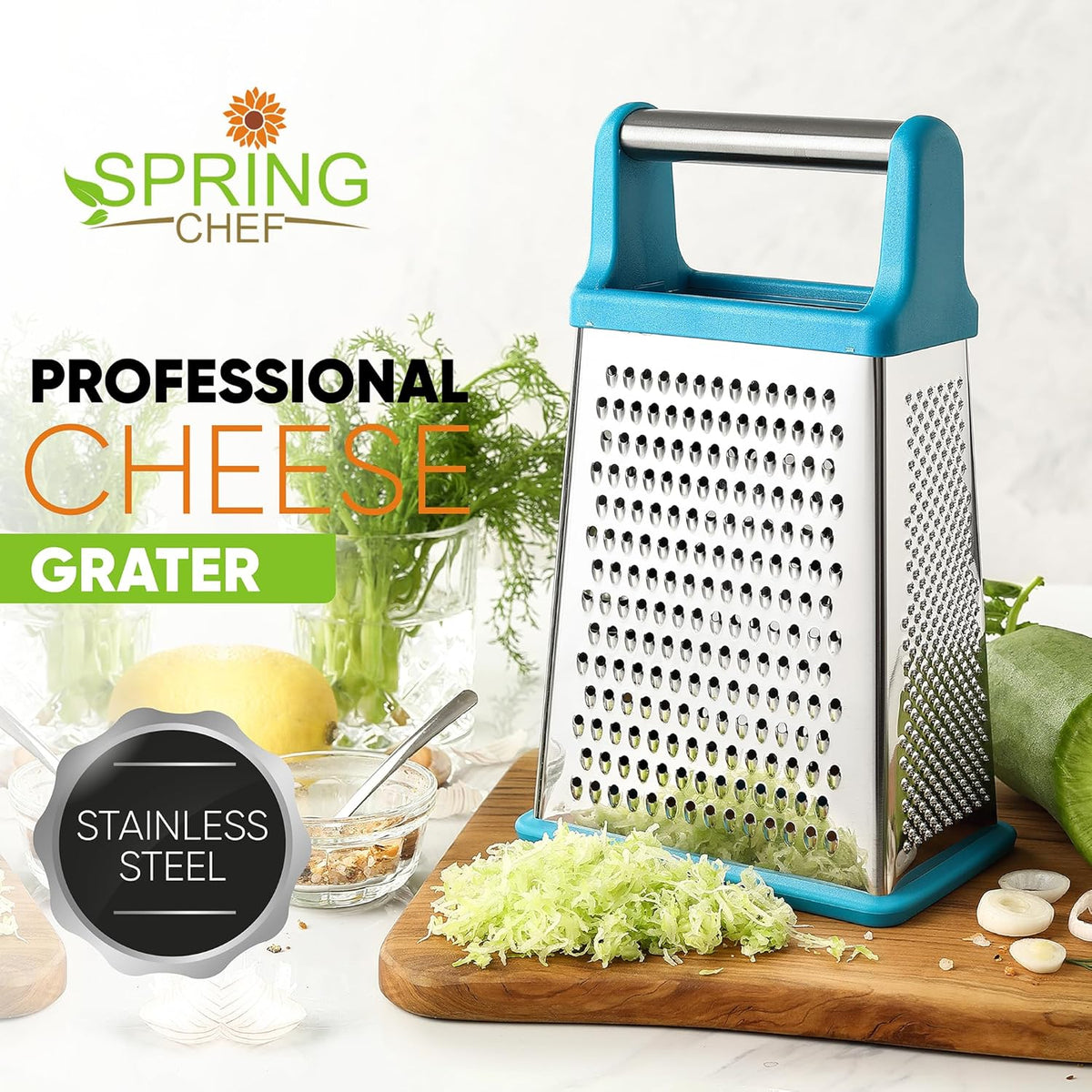 Stainless Steel XL Cheese Grater for Kitchen, Black | 4 Sided Manual Metal Box Grater for Carrot, Potato, Parmesan, Cheese Shredder, Professional Vegetable Grater, Dishwasher Safe