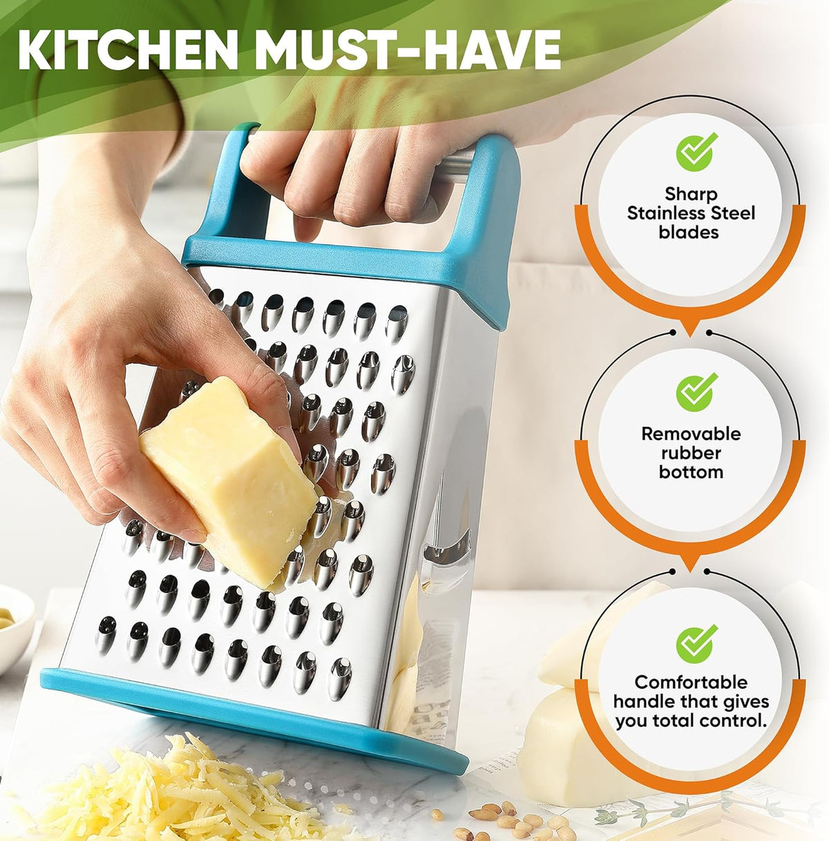 Stainless Steel XL Cheese Grater for Kitchen, Black | 4 Sided Manual Metal Box Grater for Carrot, Potato, Parmesan, Cheese Shredder, Professional Vegetable Grater, Dishwasher Safe