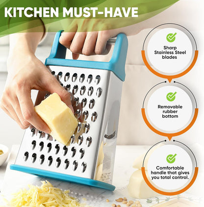 Stainless Steel XL Cheese Grater for Kitchen, Black | 4 Sided Manual Metal Box Grater for Carrot, Potato, Parmesan, Cheese Shredder, Professional Vegetable Grater, Dishwasher Safe