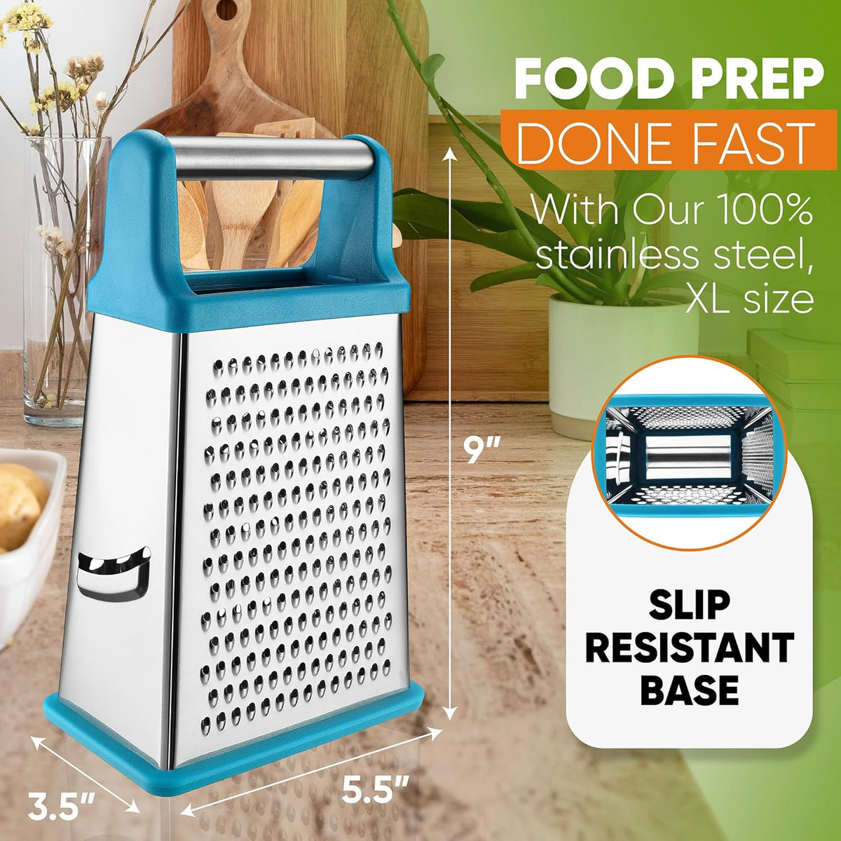Stainless Steel XL Cheese Grater for Kitchen, Black | 4 Sided Manual Metal Box Grater for Carrot, Potato, Parmesan, Cheese Shredder, Professional Vegetable Grater, Dishwasher Safe