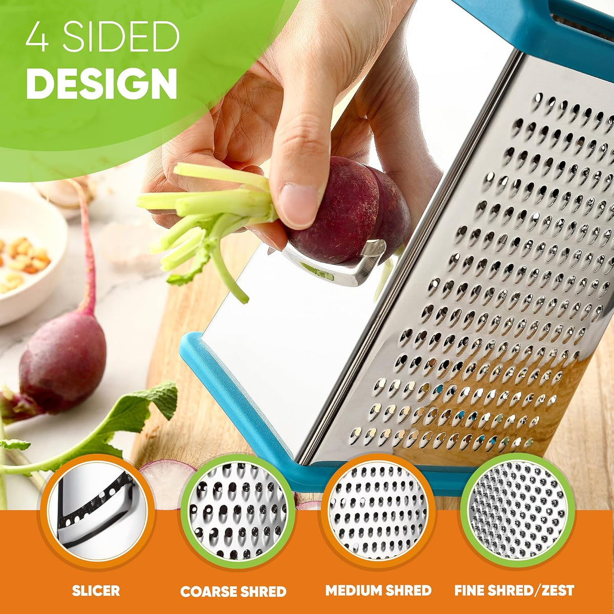 Stainless Steel XL Cheese Grater for Kitchen, Black | 4 Sided Manual Metal Box Grater for Carrot, Potato, Parmesan, Cheese Shredder, Professional Vegetable Grater, Dishwasher Safe
