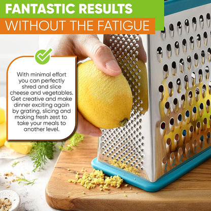 Stainless Steel XL Cheese Grater for Kitchen, Black | 4 Sided Manual Metal Box Grater for Carrot, Potato, Parmesan, Cheese Shredder, Professional Vegetable Grater, Dishwasher Safe
