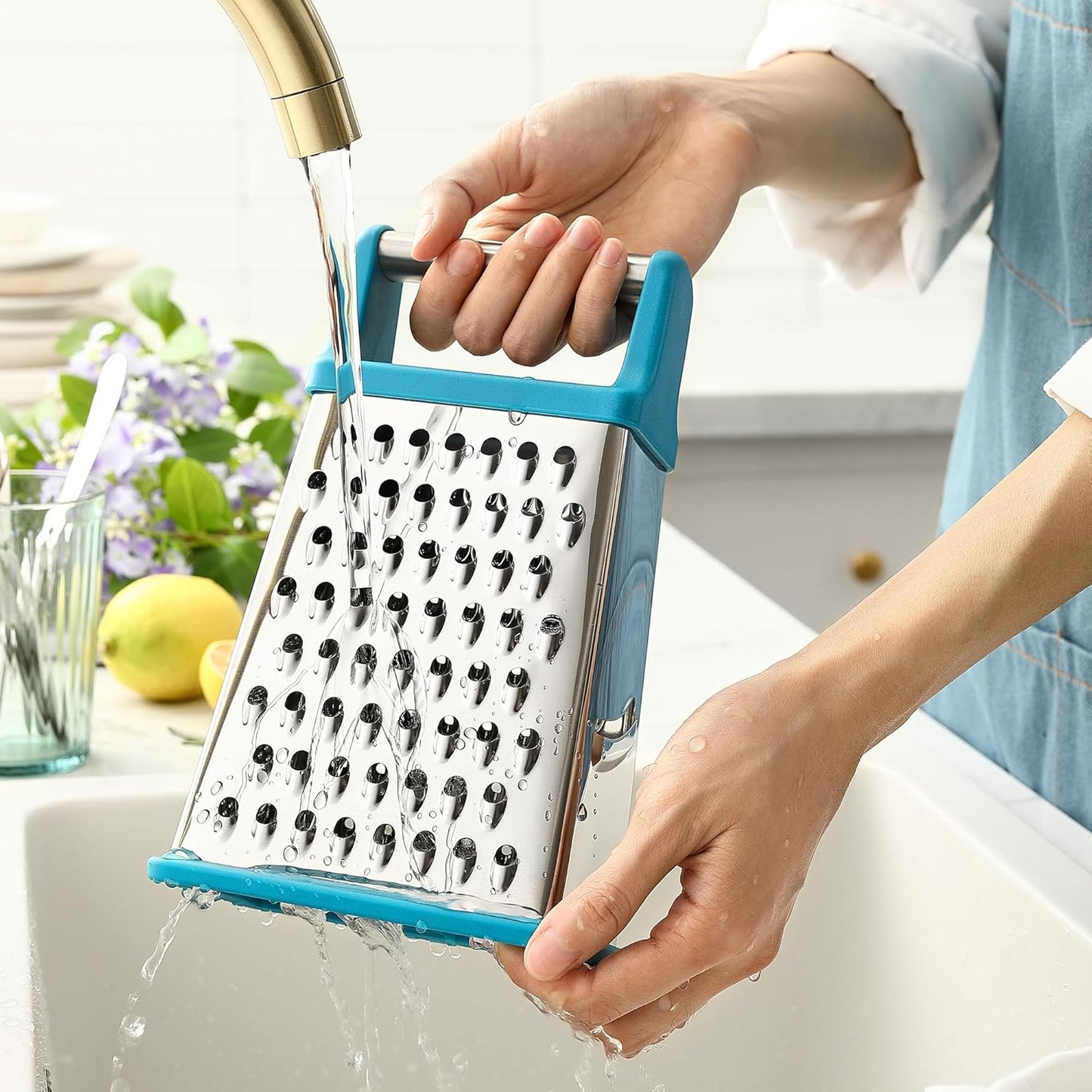 Stainless Steel XL Cheese Grater for Kitchen, Black | 4 Sided Manual Metal Box Grater for Carrot, Potato, Parmesan, Cheese Shredder, Professional Vegetable Grater, Dishwasher Safe