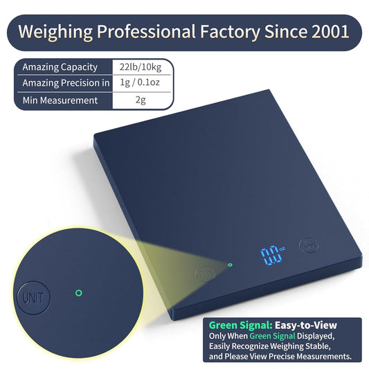 22lb/10kg Food Scale, Precision 0.1oz/1g by Our Professional Scale Factory Since 2001, Kitchen Scales Digital Weight Grams and Ounces for Cooking and Baking, LED, 3*AAA Batteries, Blue