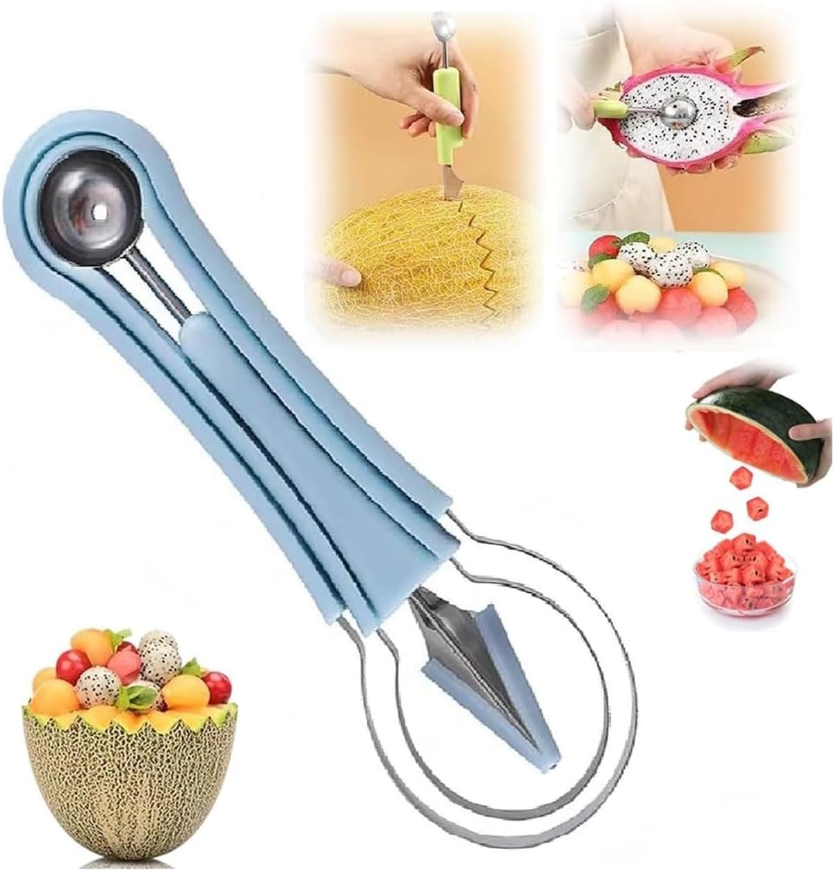 4 In 1 Stainless Steel Fruit Carving Tools Set, Melon Baller Scoop Set,watermelon scooper fruit scooper and baller, fruit carving tools,Perfect Tools for Making Fruit Shapes (Green)