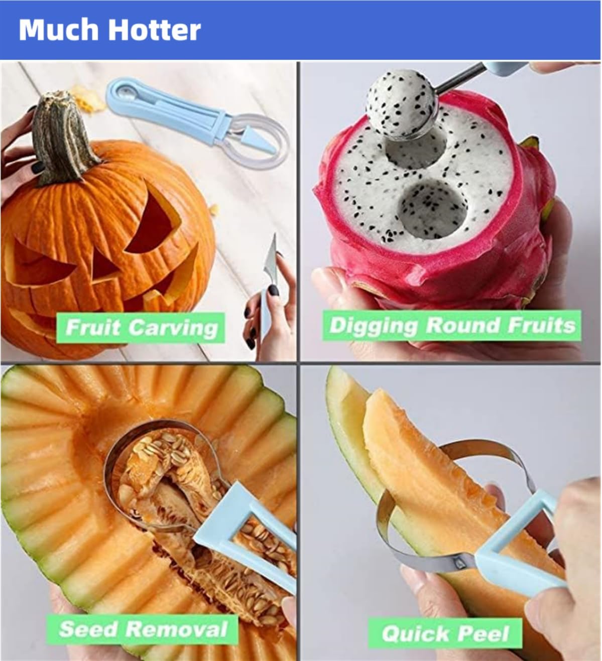 4 In 1 Stainless Steel Fruit Carving Tools Set, Melon Baller Scoop Set,watermelon scooper fruit scooper and baller, fruit carving tools,Perfect Tools for Making Fruit Shapes (Green)
