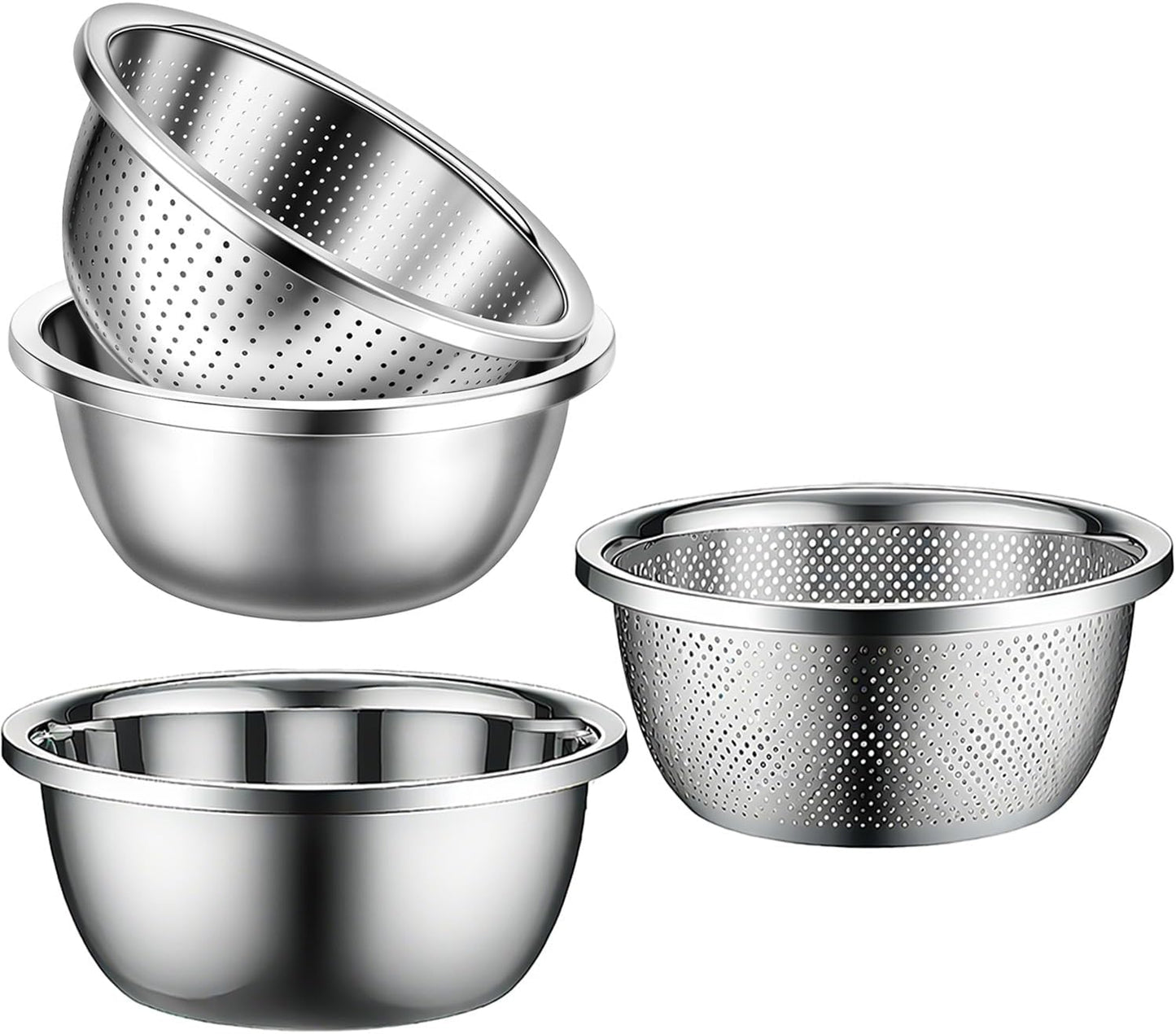 Stainless Steel Mixing Bowls, 4 Pack Rice Washer Strainer Bowl Large Mixing Bowl Salad Mixing Bow, Rice Cleaner Strainer Stainless Steel Colander For Washing Vegetables, Fruit, Rice, Straining Pasta