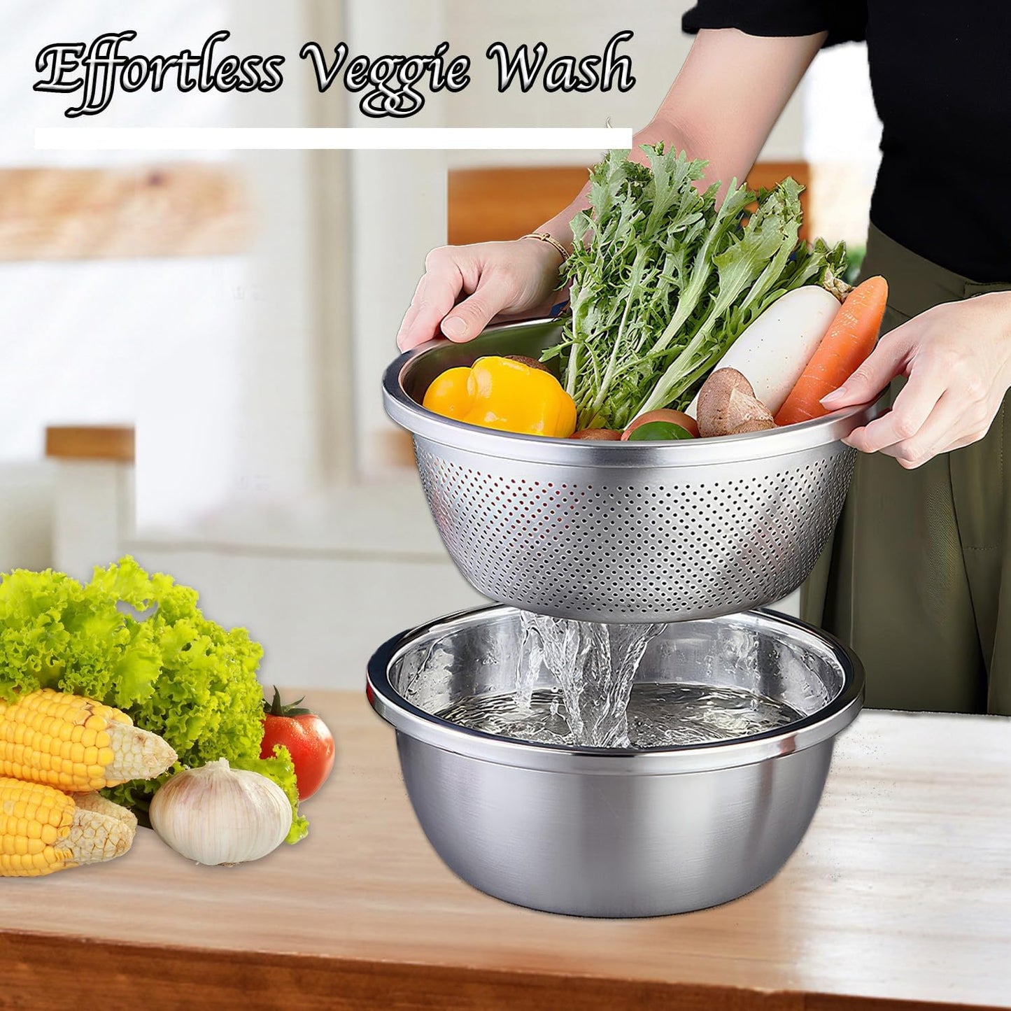 Stainless Steel Mixing Bowls, 4 Pack Rice Washer Strainer Bowl Large Mixing Bowl Salad Mixing Bow, Rice Cleaner Strainer Stainless Steel Colander For Washing Vegetables, Fruit, Rice, Straining Pasta