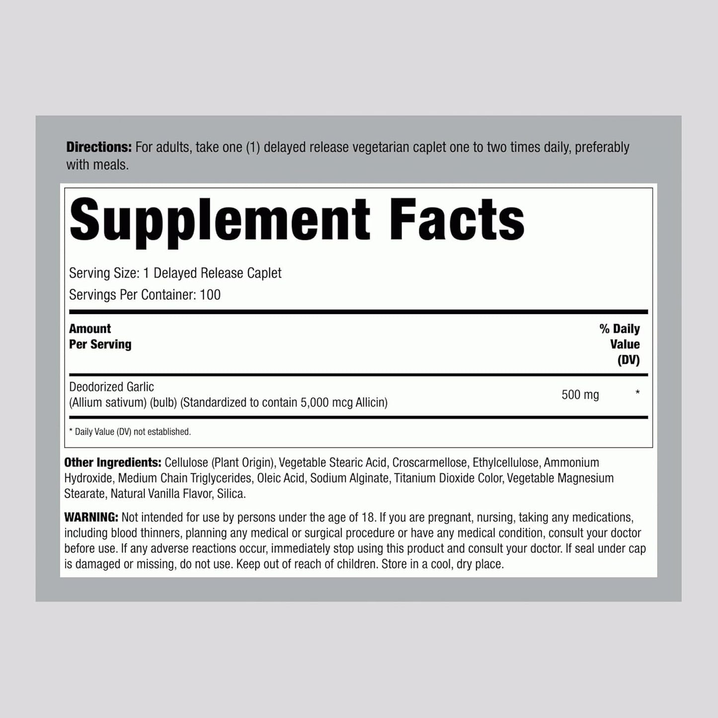 Lindberg Garlic Supplement Pills | 500mg | 100 Caplets | Odorless with High Allicin (5000mcg) | Allium Sativum Extract | Non-GMO, Gluten Free