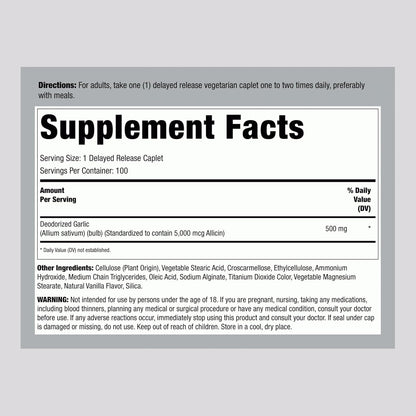 Lindberg Garlic Supplement Pills | 500mg | 100 Caplets | Odorless with High Allicin (5000mcg) | Allium Sativum Extract | Non-GMO, Gluten Free