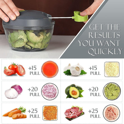 Manual Food Processor - Pull String Hand Chopper for Kitchen - Handheld Vegetable & Salad Cutter - Portable Garlic Mincer & Onion Dicer - Compact BPA-Free Stainless Steel Veggie Slicer - 500ml