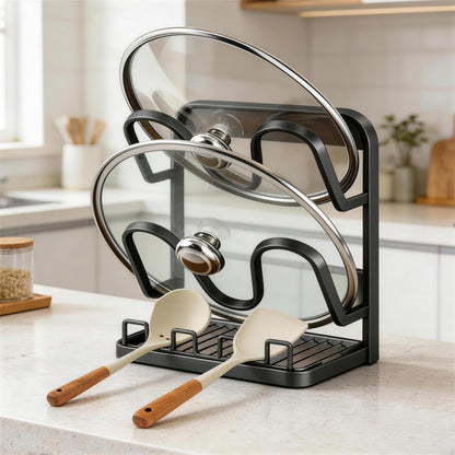 Kitchen Pot Lid Storage Rack: Carbon Steel Double Layer Pot Lid Organizer with Tray, Multifunctional Pot Lid Holder While Cooking, Saving Space Organizer Storage for Kitchen Countertop (Black)