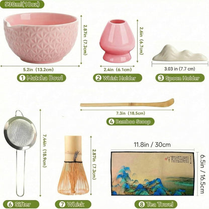 Matcha Whisk Set ,7 Pcs Matcha Set, Matcha Kit for Ceremony, Tradition Tea Set for Making Breakfast/Latte, with 20 OZ Bowl(Chawan)/Whisk and Holder, Valentine's Day Gift for Family/Friend Tea Lovers