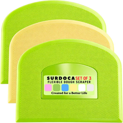SURDOCA Dough Scraper Bench Scraper - 3P 4.7x3.7" Plastic Flexible Bowl Scraper, Sharp Edge & Angles Cake Scraper. Non-Slip Bakeware Decorating Tools Sculpting & Modeling Tools - Green+White+Green - Colors B