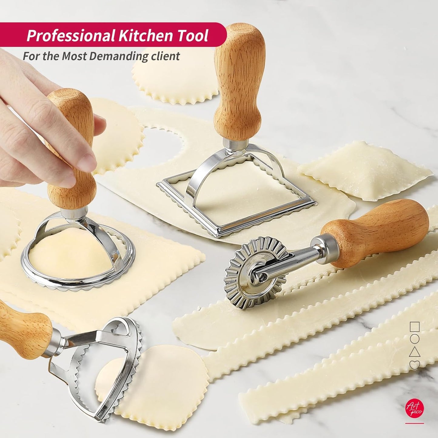ARTPICO Ravioli Stamp Maker Cutter Roller Wheel Set of 5 Pasta Making Kit Wooden Handle Fluted Edge for Ravioli Press Cutter Pastry Dumplings Lasagna Pierogi Dough cut