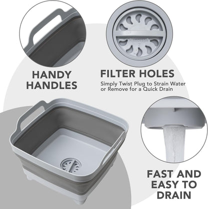 Tiawudi Dishpan for Washing Dishes, 2.4Gal/9L Wash Basin with Draining Plug Carry Handles, Collapsible Bucket for Cleaning, Portable Sink, Foldable Plastic Tub, 1PC
