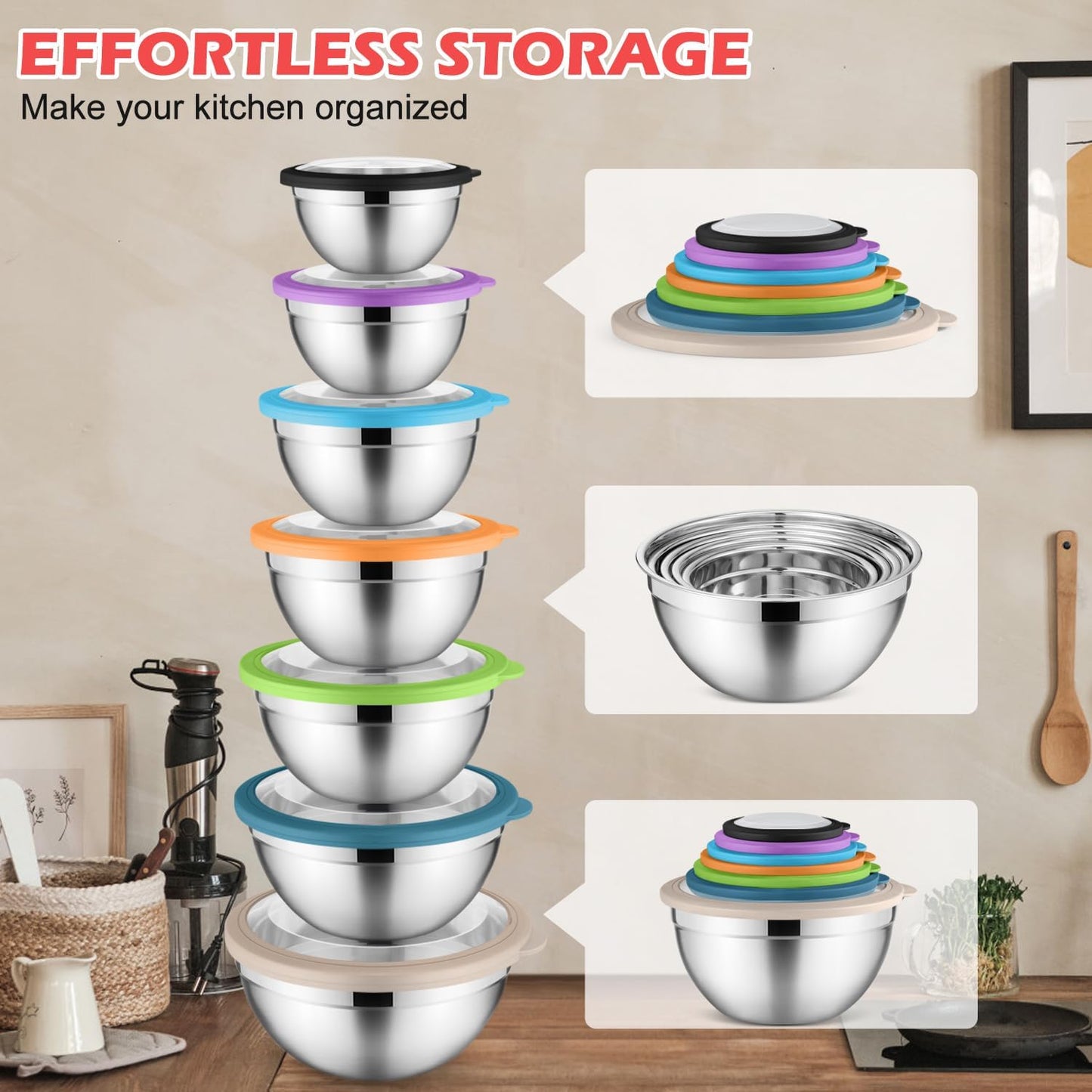 E-far Stainless Steel Mixing Bowls with Airtight Clear Lids Set of 7, Metal Nesting Bowls for Kitchen Prep, Baking, Cooking, Serving, Salad, Dishwasher Safe, Size 4.6, 3.5, 3, 2, 1.5, 1, 0.7QT, Khaki