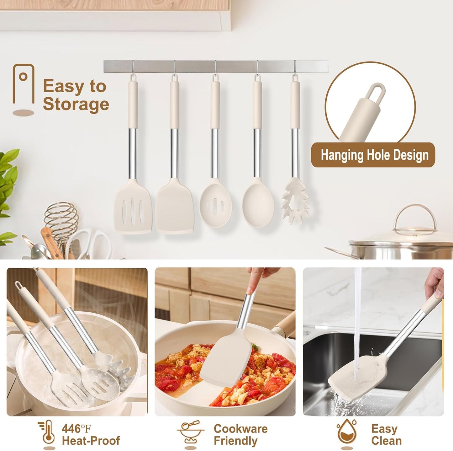 TeamFar Cooking Utensils Set, 5 PCS Silicone Kitchen Utensils with Stainless Steel Handle, for Nonstick Cookware Flipping Frying Turning Draining, Heatproof & Healthy, Nonstick & Easy Clean, Black