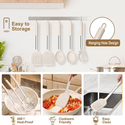 TeamFar Cooking Utensils Set, 5 PCS Silicone Kitchen Utensils with Stainless Steel Handle, for Nonstick Cookware Flipping Frying Turning Draining, Heatproof & Healthy, Nonstick & Easy Clean, Black