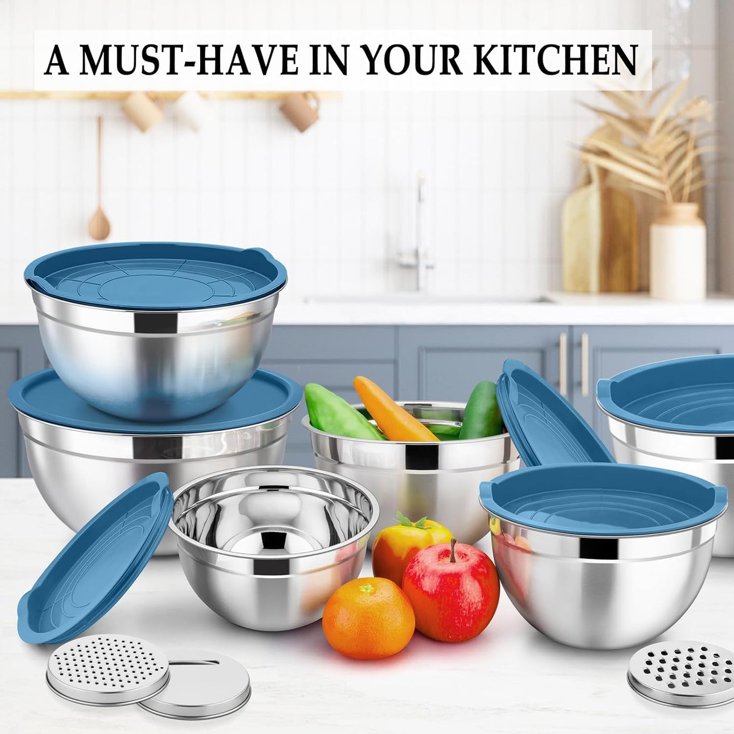TeamFar Mixing Bowls, 6PCS Stainless Steel Nesting Mixing Salad Bowl with Lids & 3 Grater Attachments, for Food Cooking Baking Storing, Healthy, Khaki - 4.6/2.6/2 / 1.5/1 / 0.7 QT