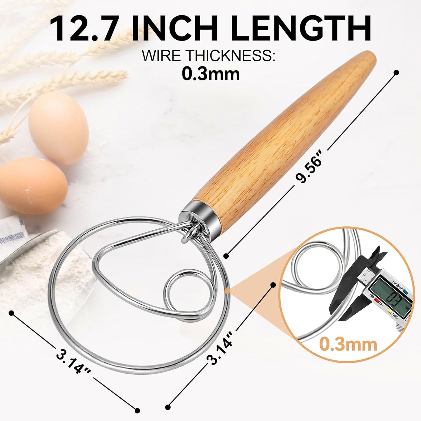 TEEVEA Danish Dough Whisk Stainless Steel for Sourdough Pizza and Bread Baking