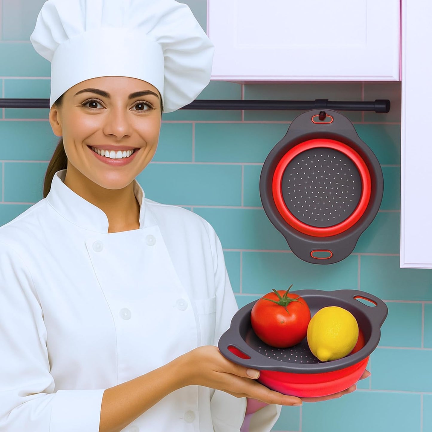 White Round Silicone Collapsible Colander – Silicone Round Kitchen Strainers with Plastic Handles Small Foldable Kitchen Strainer Perfect for Draining Pasta Vegetable and Fruit