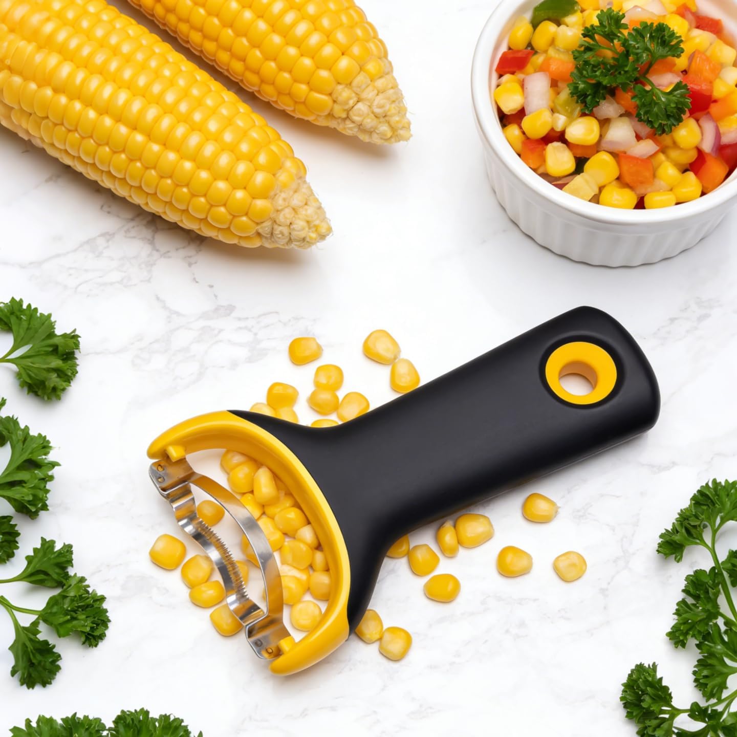 Corn Prep Peeler, Y-Shape Corn Kernel Remover Tool with Japanese Stainless Steel Blade and Non-Slip Ergonomic Handle, Quick Safe Corn on the Cob Stripper Peeler for Kitchen Fresh Corn Prep