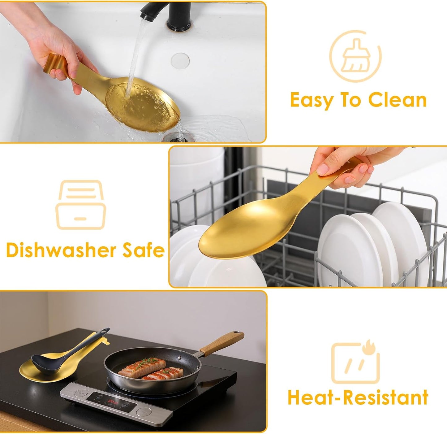 6 Pack 9.85 x 3.74 Inch Stainless Steel Spoon Rest, Spatula Ladle Holder, Gold Kitchen Utensil Rest for Stove Top and Countertop, Dishwasher Safe