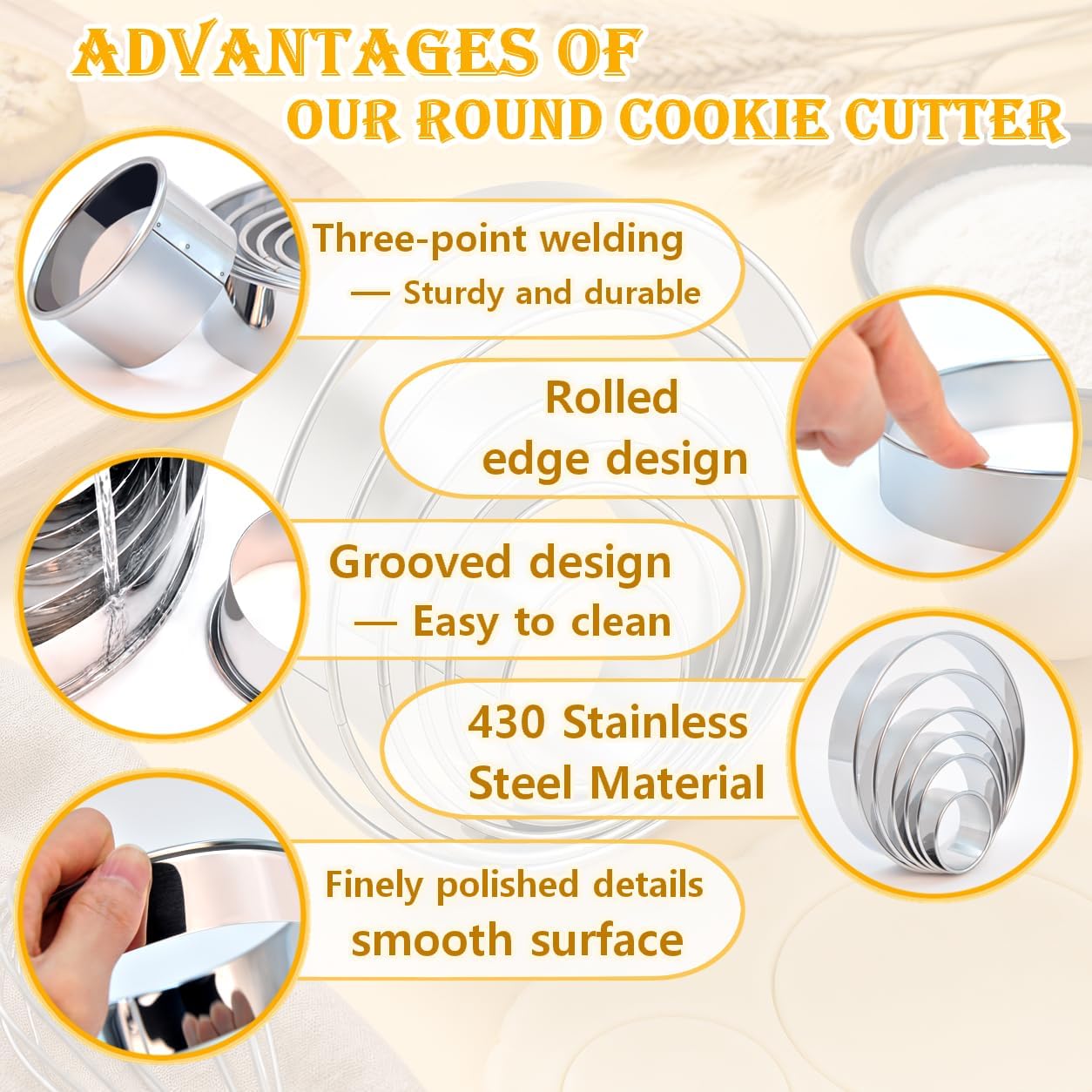 Cookie Cutters (5 Pieces/Set),Round Biscuit Cutter Set with Handle and Big Ring, Professional Baking Dough Cutter Tools for Cakes, Sandwiches, Donuts, Dumplings