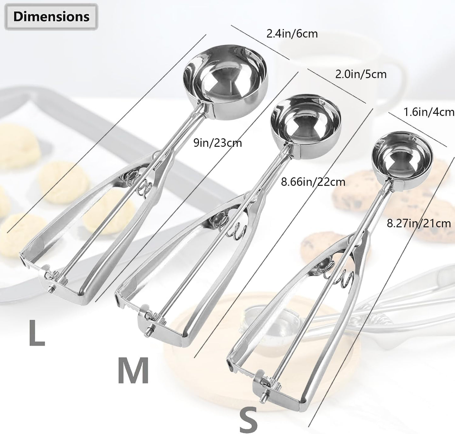 Coraltree Ice Cream Scoop, 3Pcs Cookie Scoop Set, Small/Medium/Large Stainless Steel Scoops, Professional Scoop with Trigger Release for Baking, Cookie, Fruit and Ice Cream