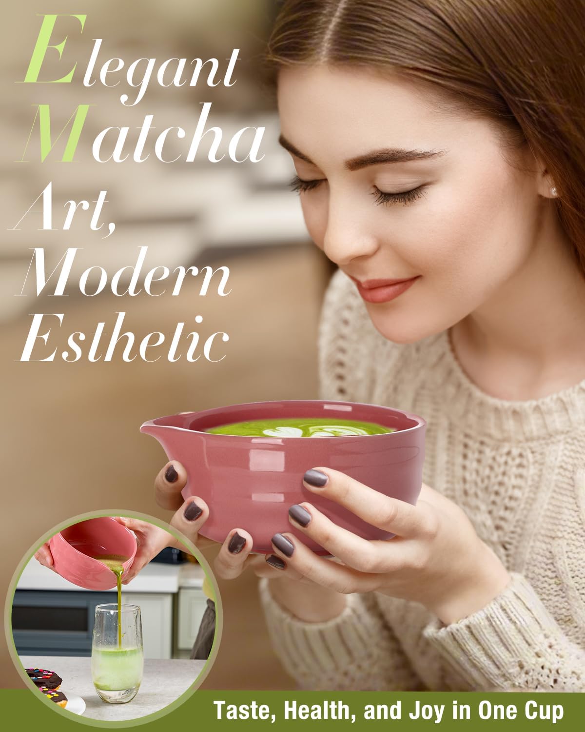 Matcha Whisk Set - 5PCS Matcha Set Includes 17OZ Chawan with Spout, Bamboo Chasen Whisk with Ceramic Holder, Matcha Scoop and Stainless Sifter, Matcha Kit for Ceremony, Gift for Matcha Lovers
