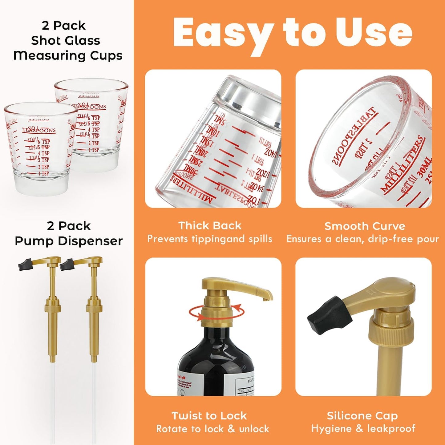 Shot Glass Set for Mary Ruth Multivitamin, 2Pcs Shot Glass Measuring Cup & 2Pcs Pump Dispenser for MaryRuth's Liquid Multivitamin 30 Fl Oz & 15 Fl Oz Bottle (Bottle Not Included)