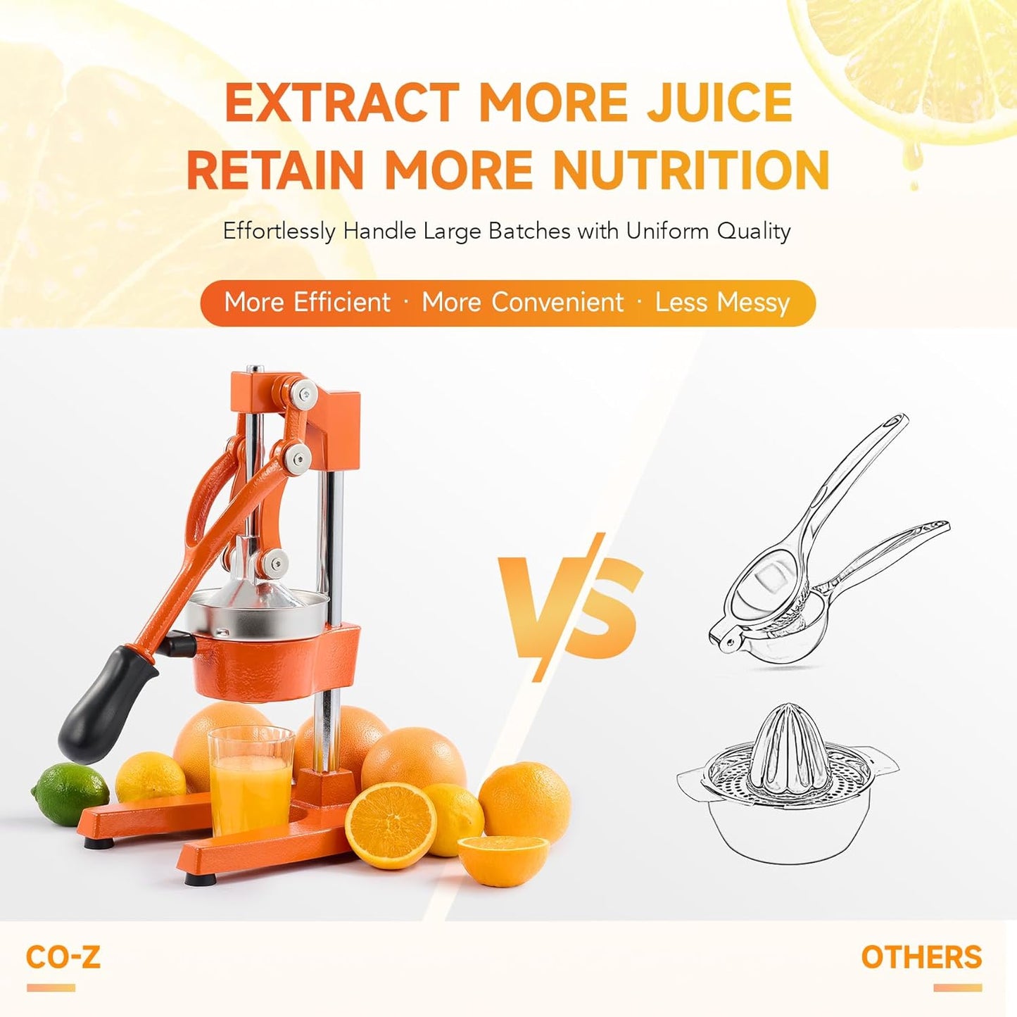 CO-Z Manual Citrus Juicer, Commercial Grade Cast Iron Orange Juicer, Professional Heavy Duty Juice Press with Removable Strainer, Manual Juice Extractor for Orange Lemon Pomegranate Citrus, Black