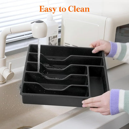 Lifewit Silverware Organizer with Lid, Covered Utensil Tray for Kitchen Drawer and Countertop, Plastic Cutlery and Flatware Storage Box for Spoons Forks Knives Holder Case, 12.6x11.8", Gray