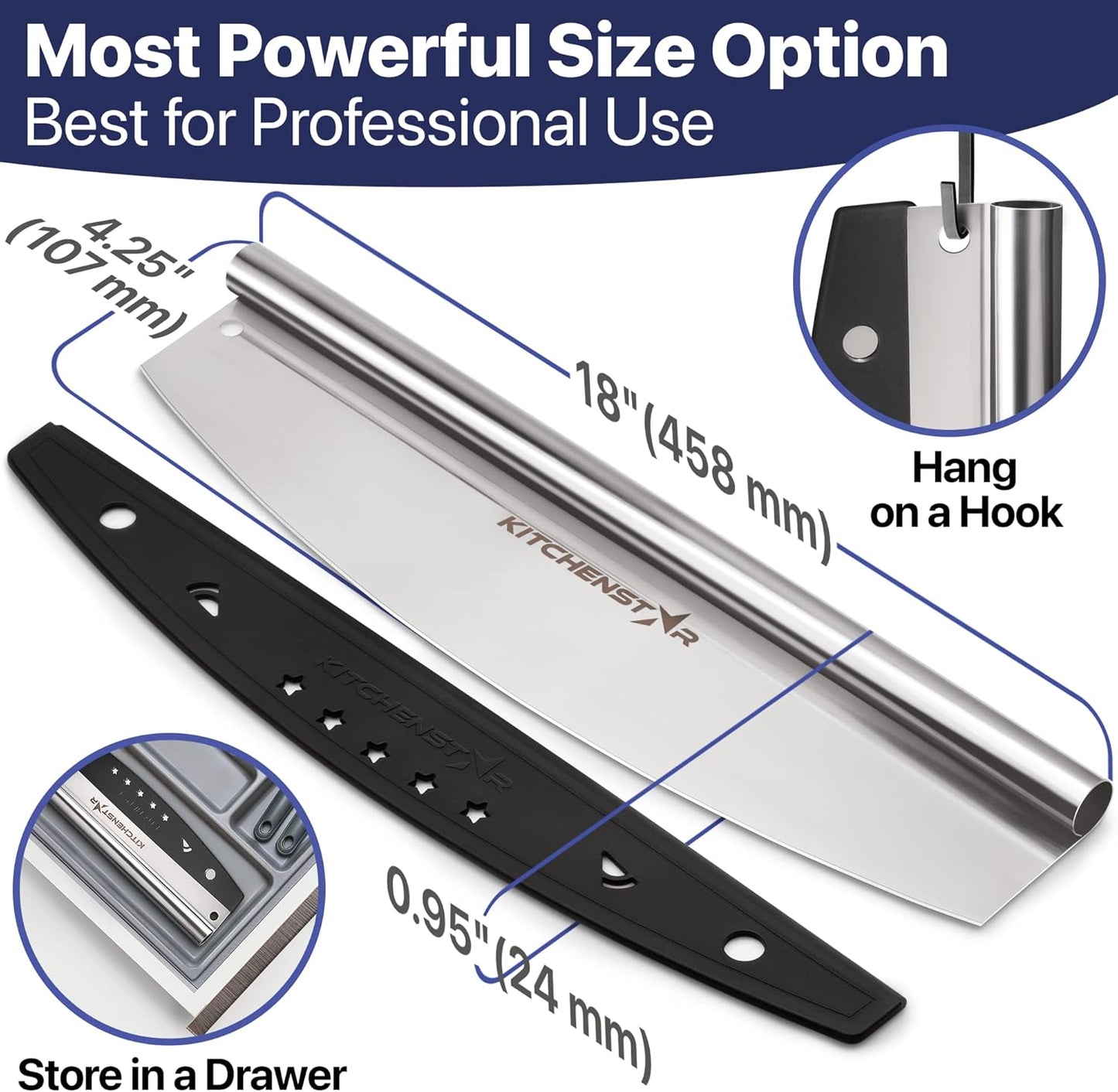 KitchenStar 14-Inch Pizza Cutter Rocker Blade - Sharp Stainless Steel Slicer Knife, Protective Cover, Dishwasher Safe, Large - Professional Pizza Oven Accessories