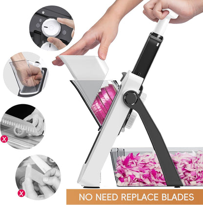 [All in 1] Vegetable Slicer with Adjustable Thickness, Easy to Clean Potato Mandoline Slicer with Container, Rapid Prep French Fry Veggie Cutter/Onion Slicer, Free Grater/Cleaning Brush (Gray)