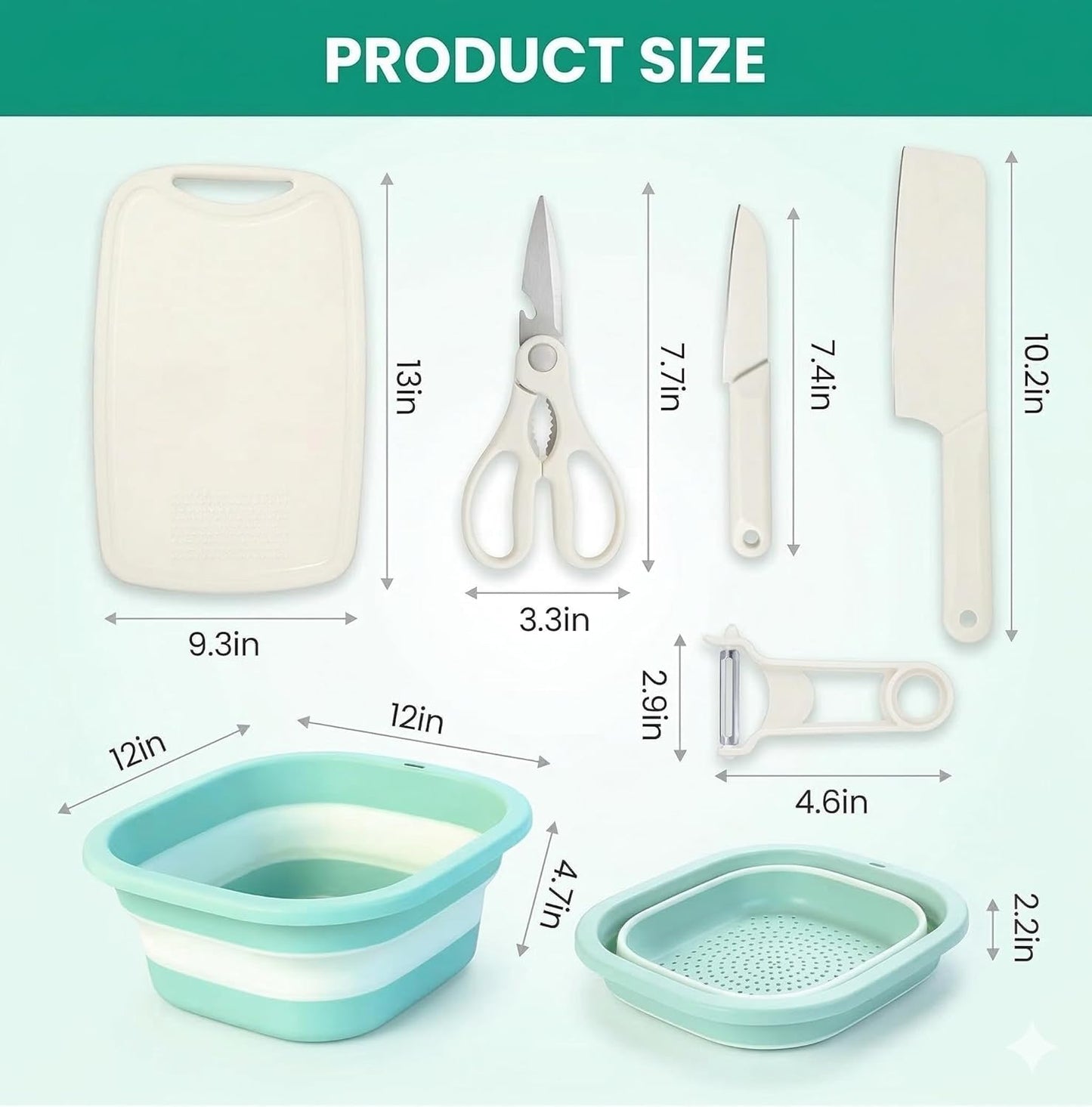 7 in 1Cutting Board and Knife Set, Travel Cutting Board Set with 2 Knives, Kitchen Scissors & Peeler, Collapsible 2-Piece Colander Wash Basin 30.5×27.8cm, Camping Cutting Board, Camping Knife Set