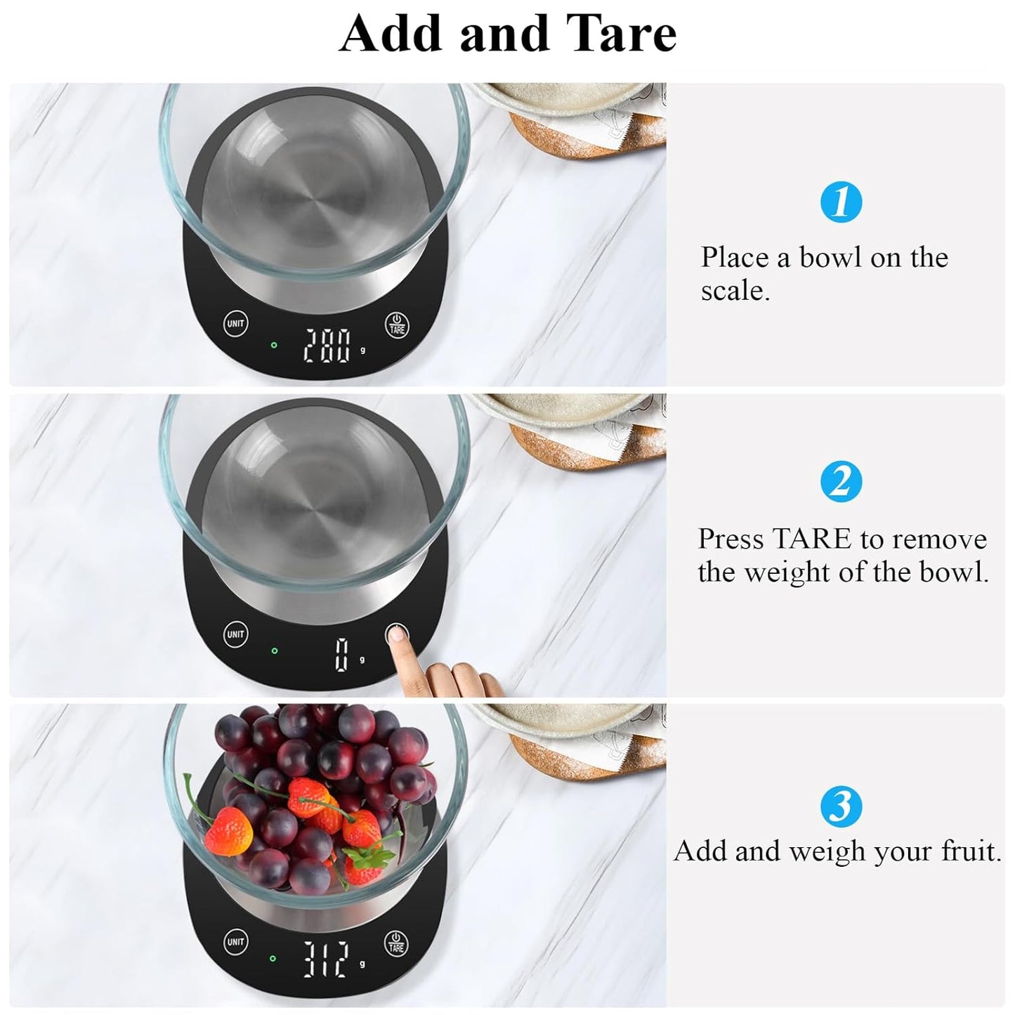 Homebuds 22lb/10kg Food Scale, Precision 0.1oz/1g by Our Professional Scale Factory Since 2001, Kitchen Scales Digital Weight Grams and Ounces for Cooking and Baking, LED, 3*AAA Batteries, Blue