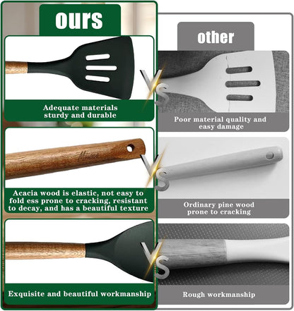 Kitchen Utensils Set, Silicone Cooking Utensils Set,Non-Stick Silicone Spatula Set with Natural Acacia Hard Wood Handle, 5 Piece, Upgraded Thickened Cookware