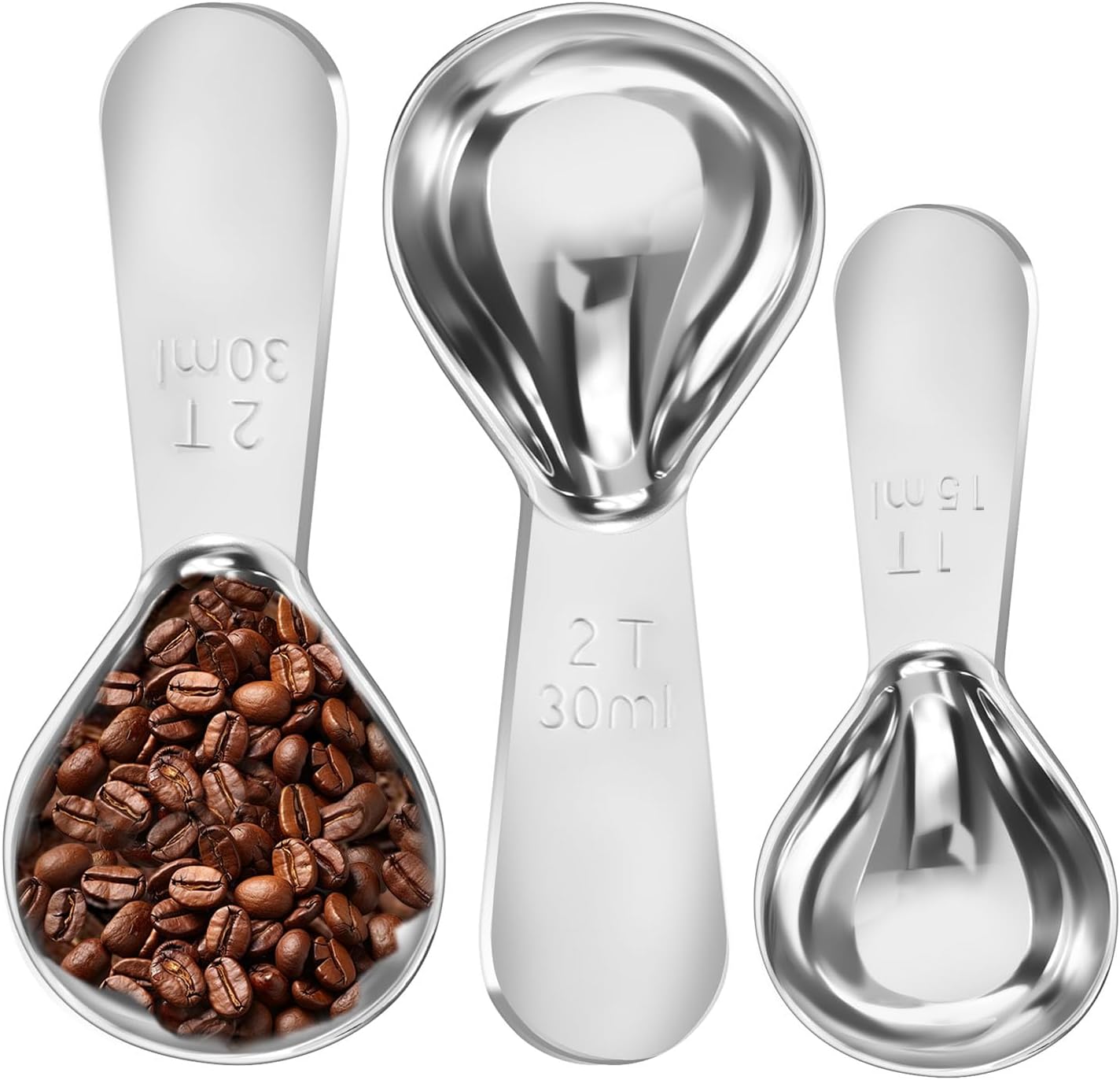 Stainless Steel Coffee Scoop Set - 3 Pc Measuring Spoons (1 Tbsp & 2 Tbsp Scoop) for Ground Coffee, Tea, Sugar Or Flour, Short Handles