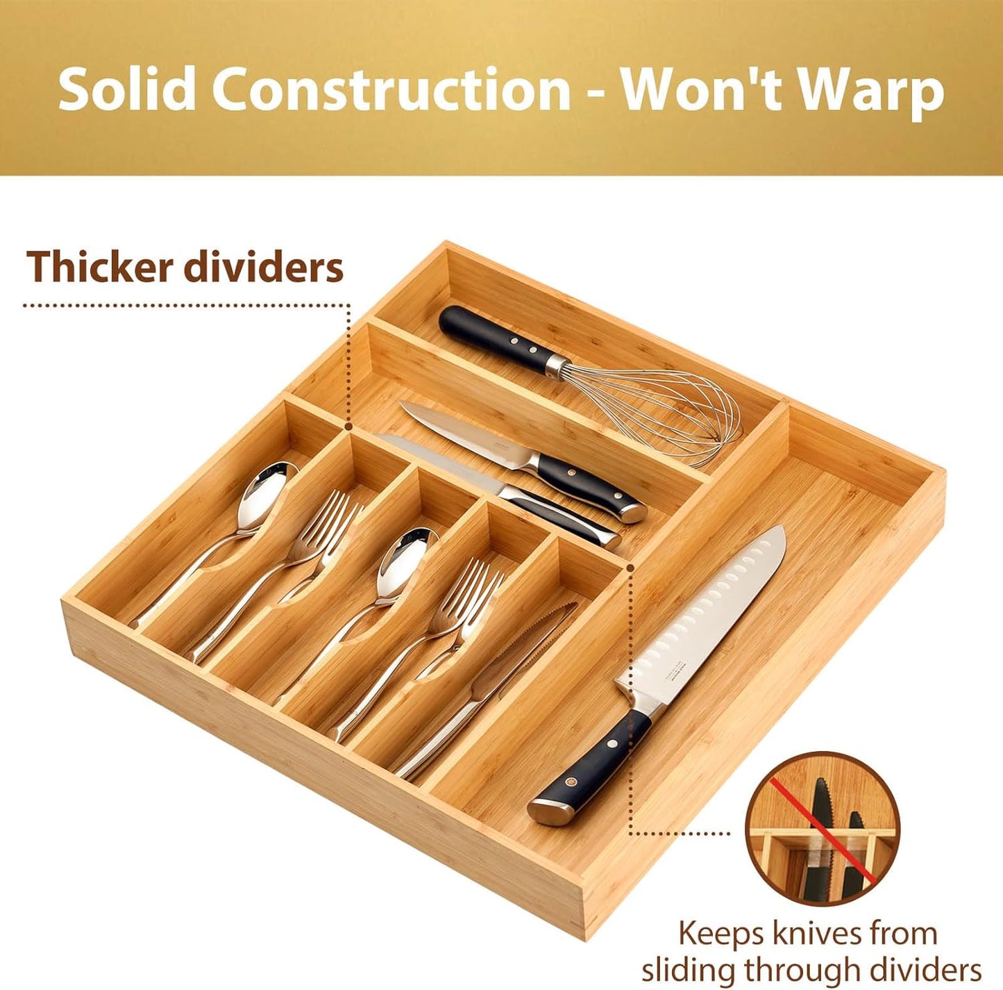 Umilife Bamboo Kitchen Drawer Organizer, 13 Inch Silverware Utensil Tray Holder, Extra Deep Grooved Drawer Divider, 7 Slots Total Bamboo Wood Caddy for Flatware Cutlery Knives, Forks, Spoons