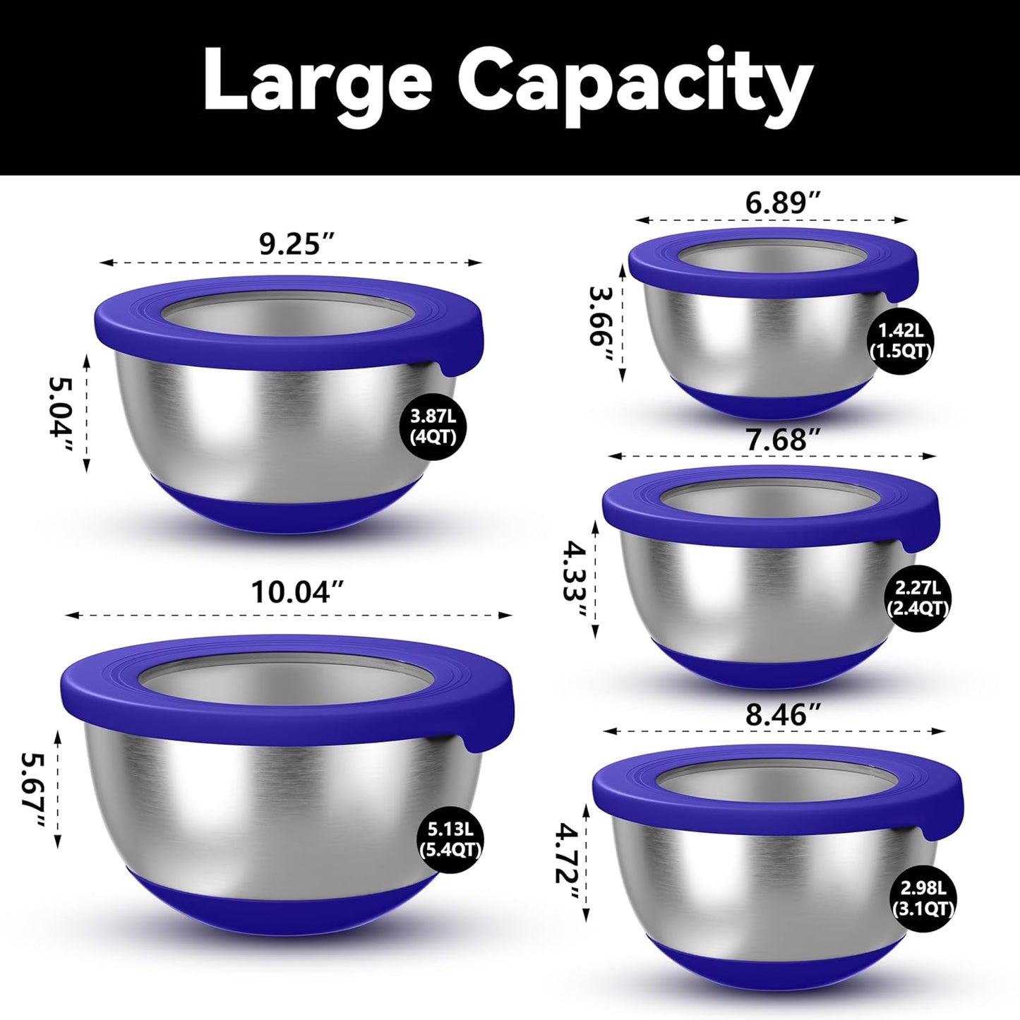 KITEISCAT Stainless Steel Mixing Bowls with Lids – Set of 5 Large Nesting Metal Bowls for Kitchen, Baking, Cooking, Food Prep & Storage, Non-Slip Base, Dishwasher Safe,Khaki
