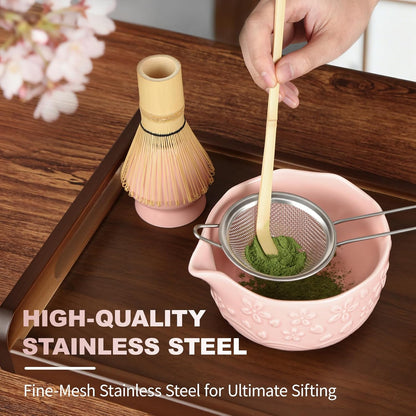 SIMPLETaste Matcha Whisk Set, 7 Pcs Ceramic Matcha Kit Includes Bowl, Whisk and Holder, Bamboo Scoop, Scoop Rest, Sifter and Tea Towel - Matcha Kit for Macha Lovers (Pink)